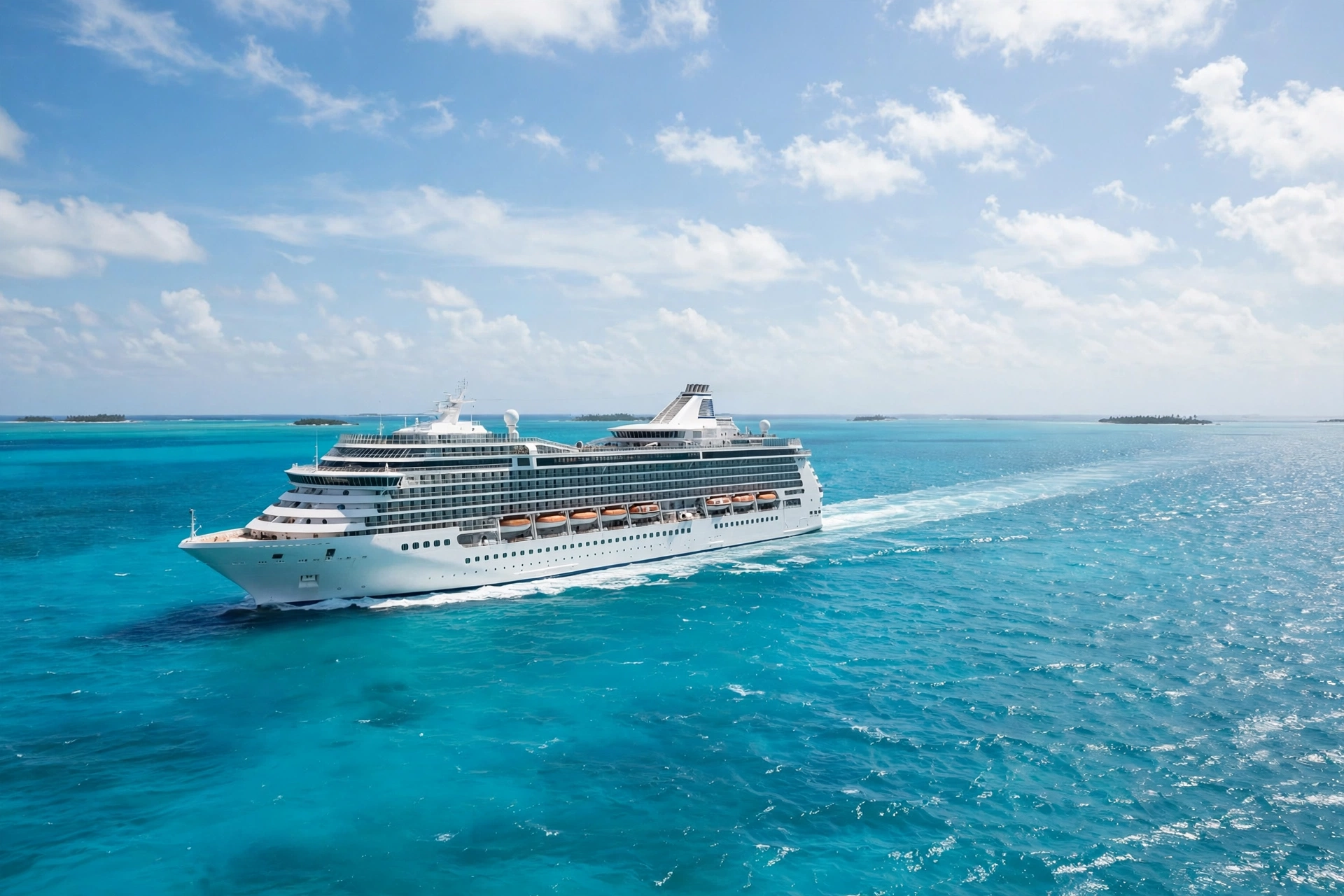 A cruise ship cutting through bright turquoise water