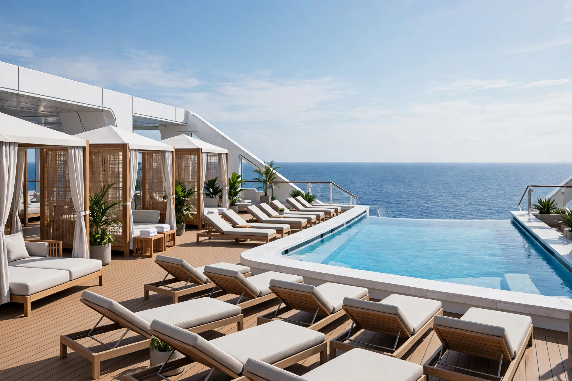 A luxury cruise ship pool deck overlooking the open ocean