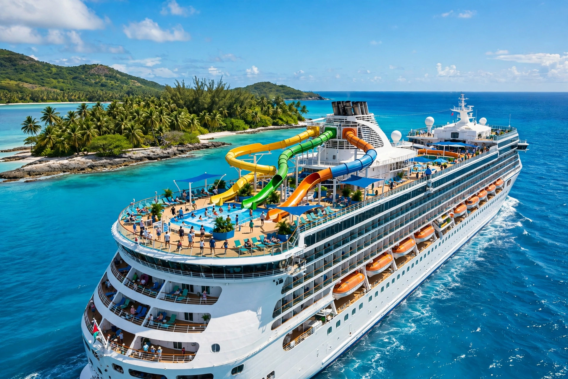 A Carnival-style fun ship with waterslides passing a palm island