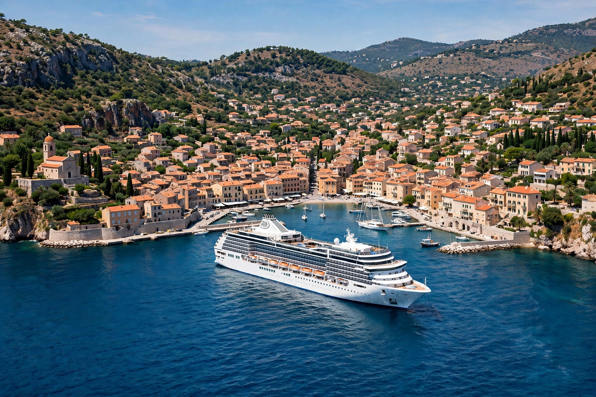 A cruise ship anchored near a Mediterranean harbor town