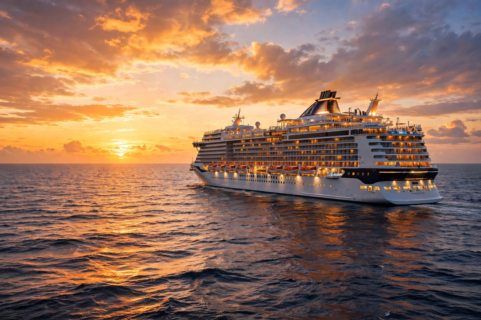 A cruise ship on the open ocean under a golden sunset sky